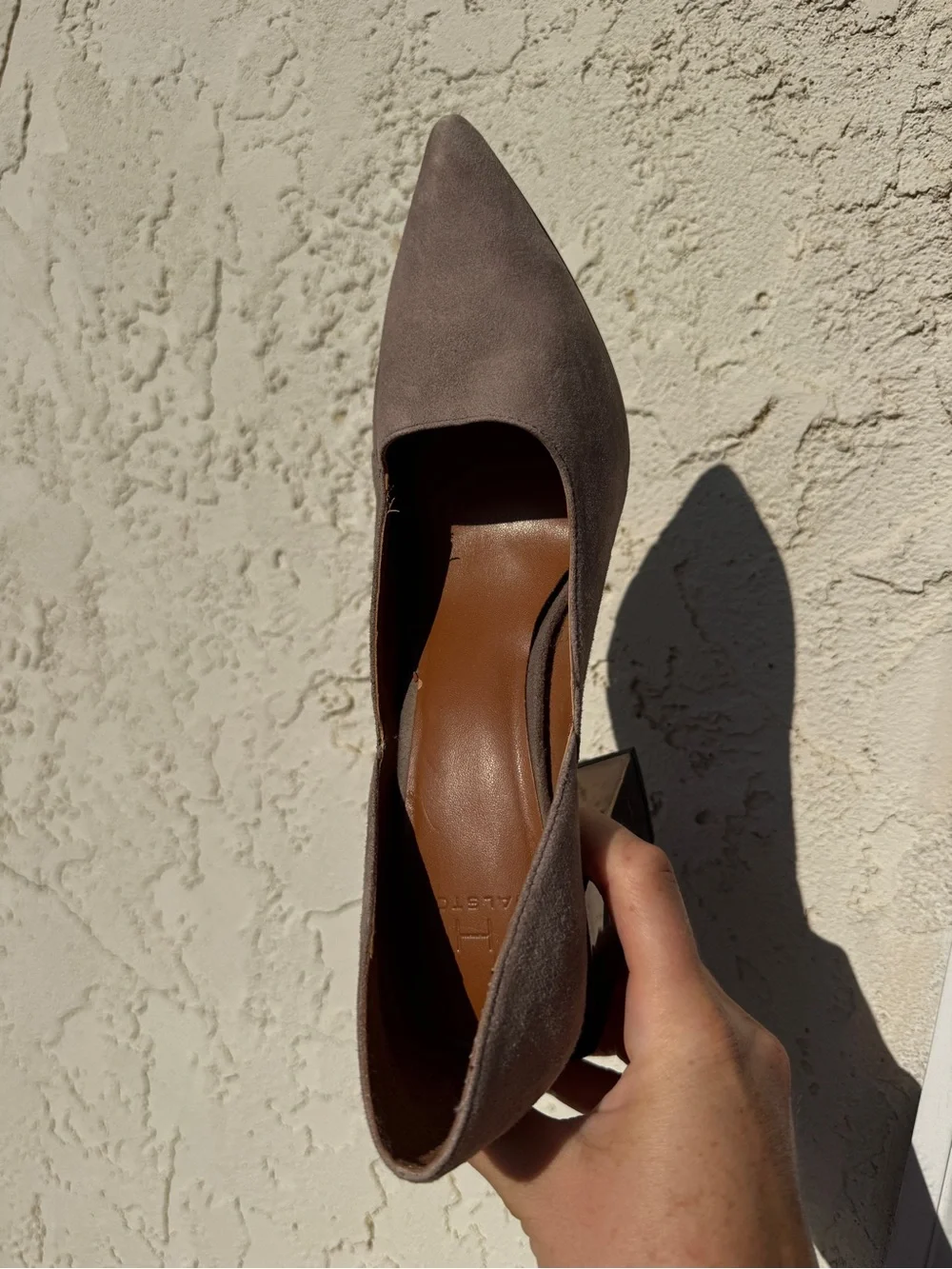 H by Halston Taupe Gray Suede Pointed Pumps with Silver Mirrored Block Heels